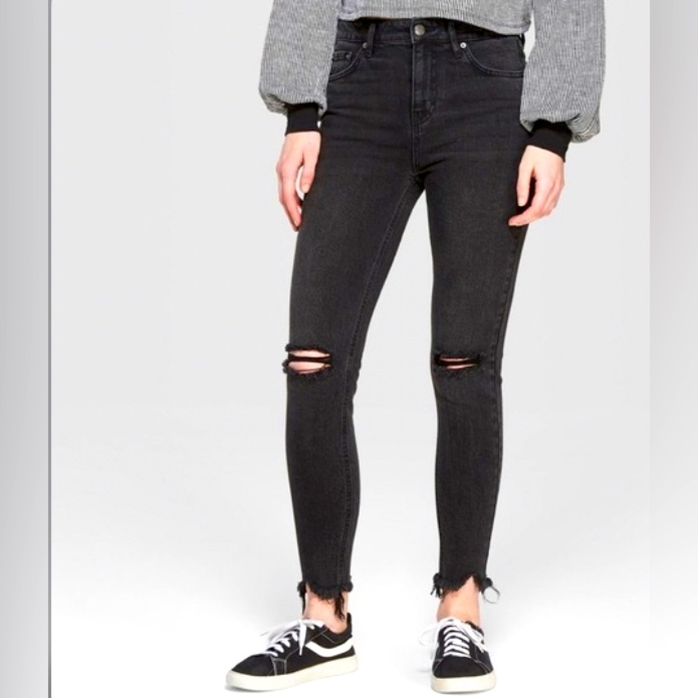 Wild Fable High Rise Skinny Jeans Black Dark Wash Raw Hem Distressed Charcoal